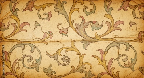 Close-up of a vintage floral pattern on a textured surface with muted colors.