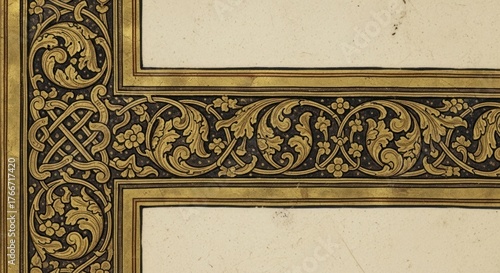 Close-up of an ornate gold picture frame with intricate designs on a beige background.