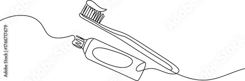 Toothbrush and Toothpaste Line Art, Minimalist Dental Hygiene Vector Illustration.