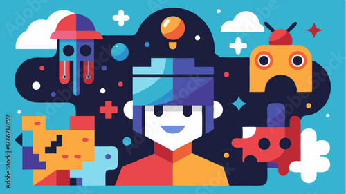 A digital art collage representing various gaming genres from firstperson shooters to puzzle games with elements melding together through fluid animations.