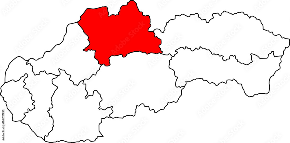 Obraz premium Detailed vector map of Slovakia highlighting Žilinský kraj, a Northwestern Slovakia territory centered on Žilina, known for its mountainous terrain, tourism, and significant automotive industry.