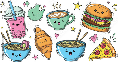 Kawaii Food & Drink Clipart Set: Cute Boba Tea, Burger, Ramen Bowls, and Coffee Doodles
Hand-Drawn Cafe and Comfort Food Vectors - Happy Characters for Fast Food Graphics