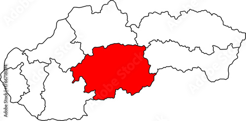 Detailed vector map of Slovakia highlighting Banskobystrický kraj, a Central Slovakia territory centered on Banská Bystrica, known for its extensive forests, mountainous landscapes,