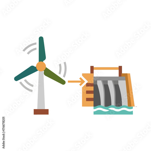 Conceptual illustration of a hybrid renewable energy system featuring a wind turbine connected to a pumped-storage hydroelectric dam for clean power