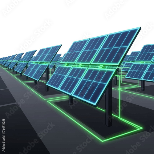 Rows of solar panels connected by a glowing green energy grid, illustrating a futuristic concept of sustainable power generation and distribution
