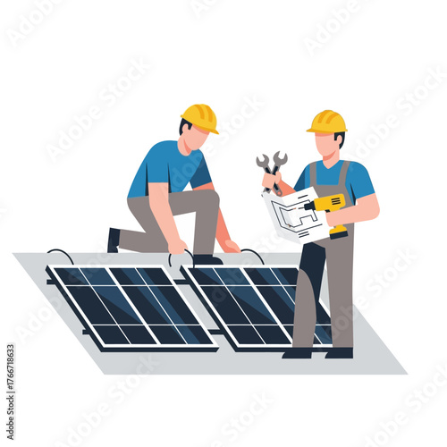Solar Panel Installation Technicians installing photovoltaic panels on a rooftop with equipment