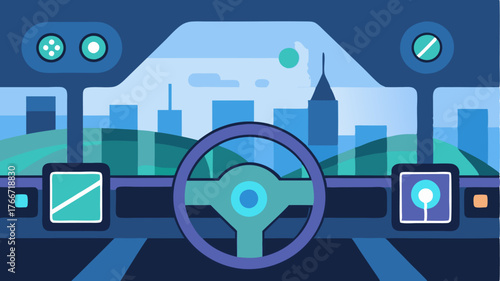 A driverless vehicles dashboard featuring a holographic display showing upcoming landmarks and points of interest.