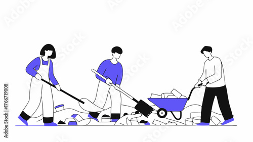 A team of people clearing rubble and debris from an old playground site with smiles and teamwork evident highlighting the physical labor involved in reclaiming public spaces.