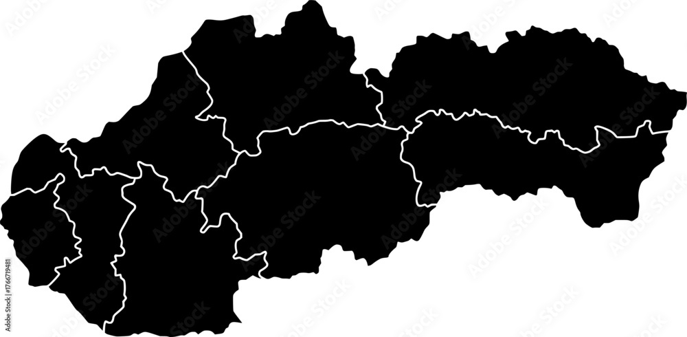 Obraz premium Black vector political map of Slovakia national outline with all 8 regions (kraje) internal boundaries, filled with a solid black color, presented as a map of the Central European country.