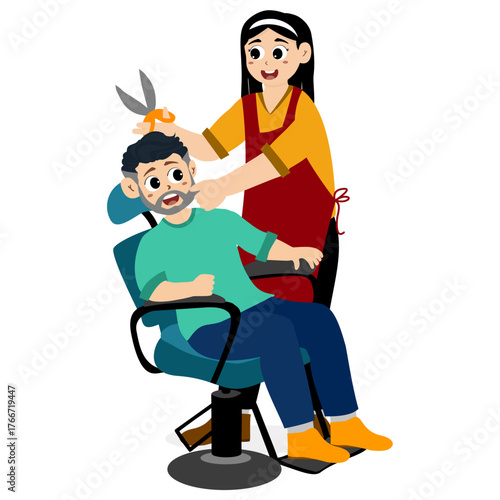 Hairdressing salon illustration concept. Clients in hairdresser salon. Hairstylist working cut people, barbershop haircut service saloon interior haircutter happy customers vector illustration