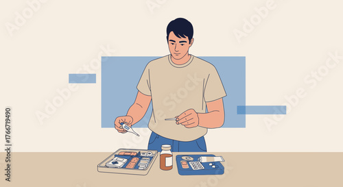 A man checking his temperature to evaluate his health with a medical kit nearby