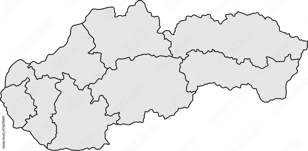 Obraz premium Grey vector political map of Slovakia national outline with all 8 regions (kraje) internal boundaries, filled with a solid grey color, presented as a map of the Central European country.
