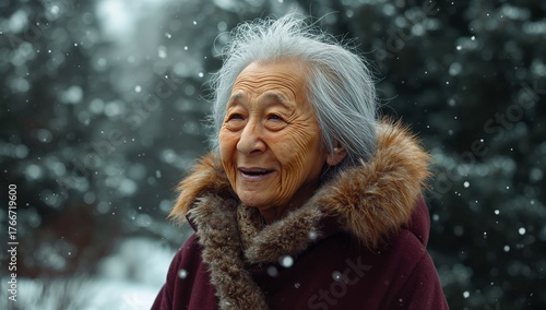 Standing senior Asian woman wearing maroon fur-lined coat in snow-covered forest, with snowflakes