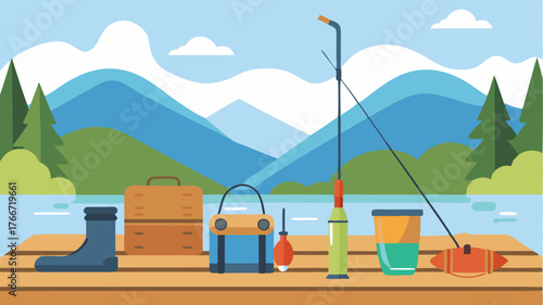 An assortment of fishing gear including rods tackle boxes and baits laid out on a wooden dock with a tranquil lake and distant hills.