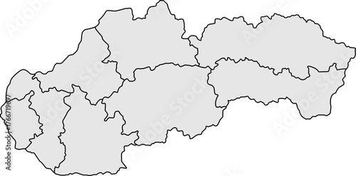 Grey vector political map of Slovakia national outline with all 8 regions (kraje) internal boundaries, filled with a solid grey color, presented as a map of the Central European country.