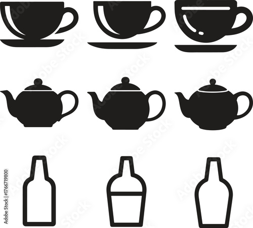 Collection of silhouette icons for teacups teapots and bottles