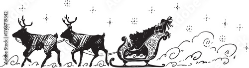 A Festively Decorated Sleigh Pulled by Reindeer Set Against a Charming Winter Scene