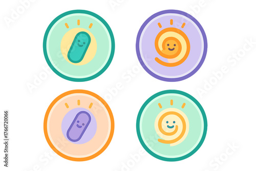 Four colorful round abstract shapes representing health energy and wellness concepts