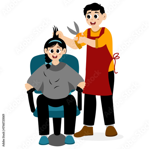 Hairdressing salon illustration concept. Clients in hairdresser salon. Hairstylist working cut people, barbershop haircut service saloon interior haircutter happy customers vector illustration