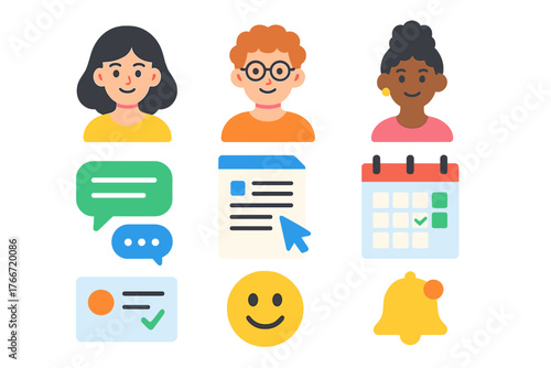 Diverse user avatars and essential interface icons for communication, scheduling, and feedback