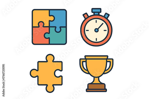 Business success symbols featuring puzzle pieces, stopwatch, and winner trophy cup