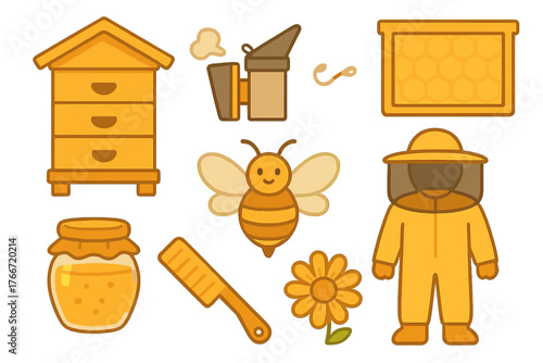 Essential beekeeping equipment and tools set including beehive, bee, honey, and beekeeper suit