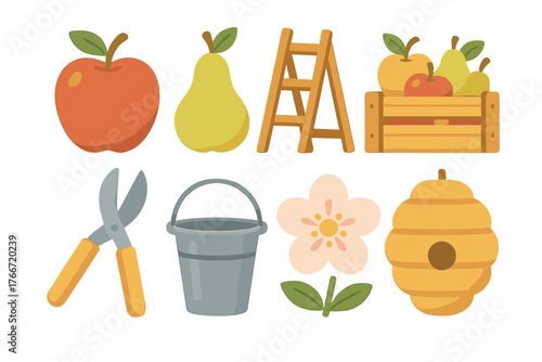 Collection of essential gardening tools, fresh fruits, and harvest items including apples, pears, and a beehive