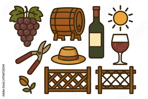 Set of icons representing vineyard and winemaking elements including grapes, barrel, bottle, and glass