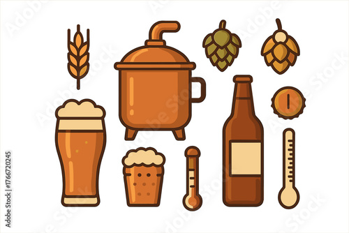 Set of craft beer brewing elements including hops, wheat, mash tun, glass, and bottle