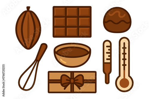 Cacao pod, chocolate bar, truffle, whisk, and thermometer used for confectionery making