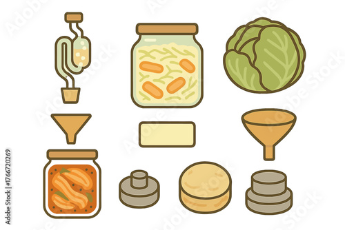 Fermentation process elements set with jars, airlock, cabbage, and weights