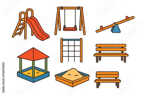 Set of outdoor playground equipment elements including slide, swing, seesaw, sandbox, and benches