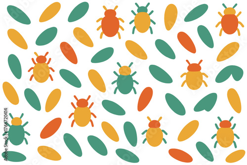 Colorful abstract seamless pattern with stylized beetles and scattered organic leaf shapes