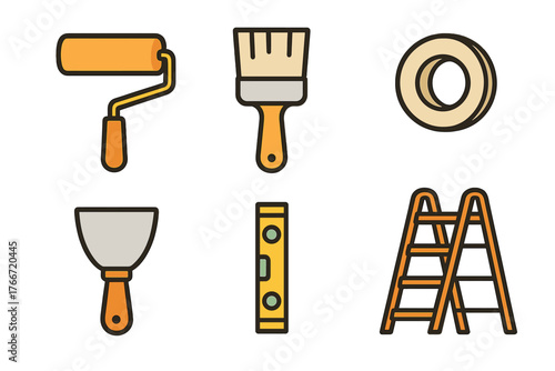 Assortment of painting and construction tools including roller, brush, scraper, level, tape, and ladder