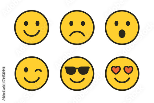 Six yellow circular emoji icons showing various emotions and expressions