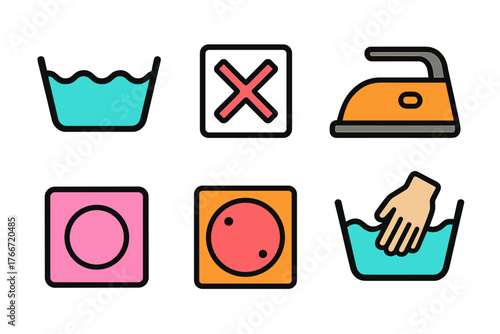 Colorful set of six laundry care symbols for washing, ironing, and drying instructions