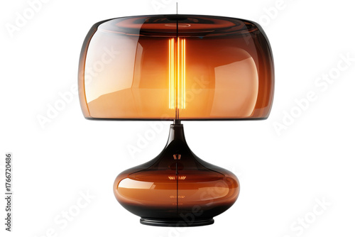 Amber glass table lamp with glowing bulb, modern rounded design isolated on Transparent Background