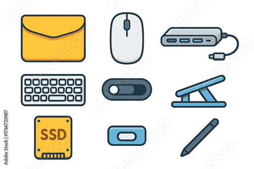 Essential computer hardware, digital accessories, and interface icons including mouse, keyboard, and storage