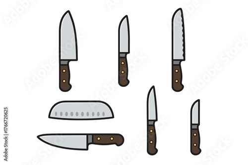 Professional kitchen knife set including chef's knife, utility knife, bread knife, and cleaver