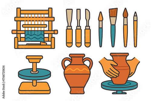 Collection of handicraft tools and equipment for pottery, weaving, and carving crafts
