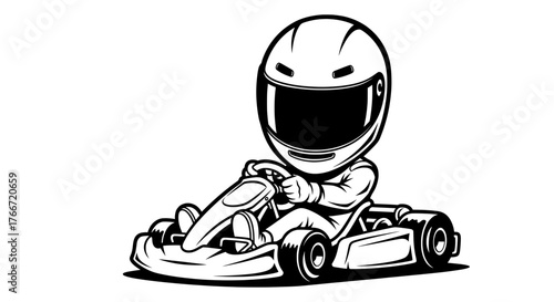Go Kart Logo Style Vector, Rider Oversized Helmet Caricature
