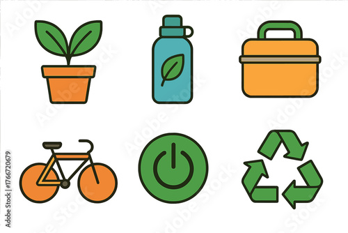 Colorful environmental icons for sustainable living featuring plant, bottle, and bicycle