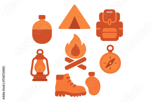 Essential outdoor adventure and camping equipment featuring tent, backpack, and campfire