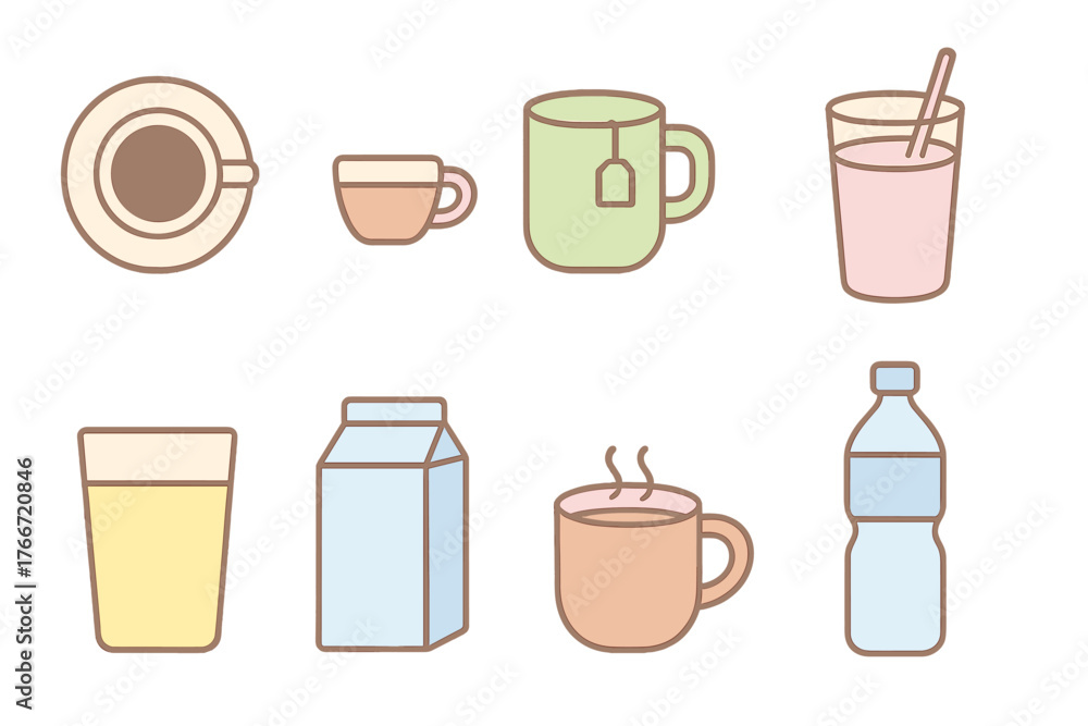 Obraz premium Collection of common beverages including hot coffee, herbal tea, fresh milk, juice, and bottled water