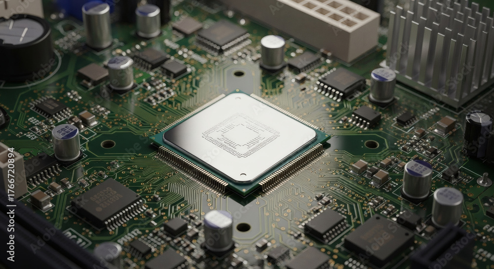 Fototapeta premium Close up shot of a cpu on a motherboard with various components visible