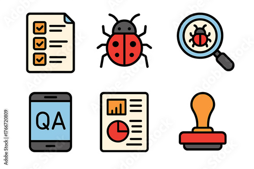 Flat design icons set for software testing and quality control process