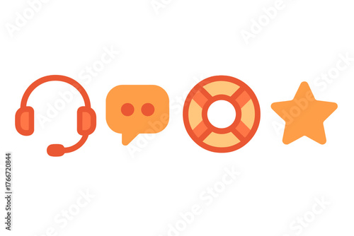 Orange flat design symbols for customer service, online support, help, and quality feedback