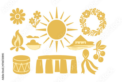 Golden icons of sun, flowers, bonfire, Stonehenge, and drum for Midsummer festival