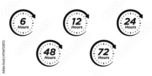 Hour Timer Duration Icons Set. 6, 12, 24, 48, 72 Hours Vector