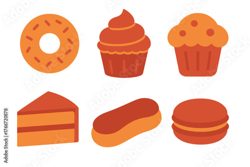 Stylized collection of six baked goods and sweet desserts: donut, cupcake, cake, eclair, and macaron